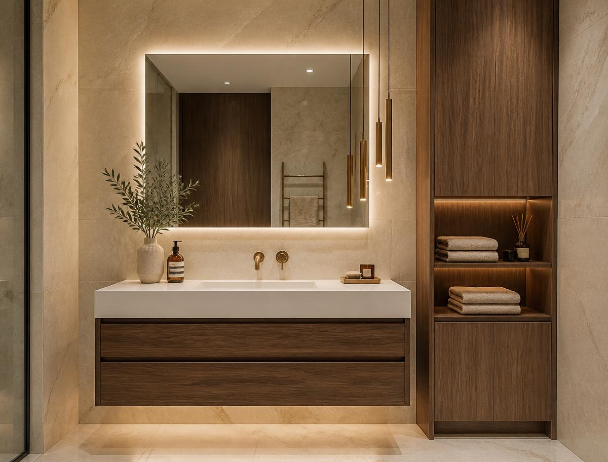 Modern bathroom vanity with wood cabinetry, backlit mirror, and brass accents.